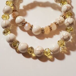 Elegant Gold and Cream Beaded Bracelet Set